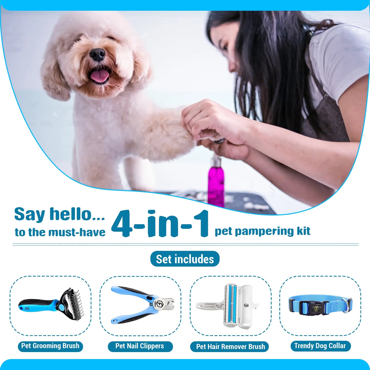 4-in-1 Pet Grooming Kit – Hair Remover, Shedding Brush, Nail Clippers & Dog Collar