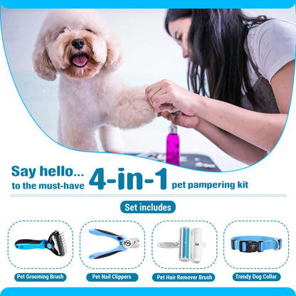 4-in-1 Pet Grooming Kit – Hair Remover, Shedding Brush, Nail Clippers & Dog Collar