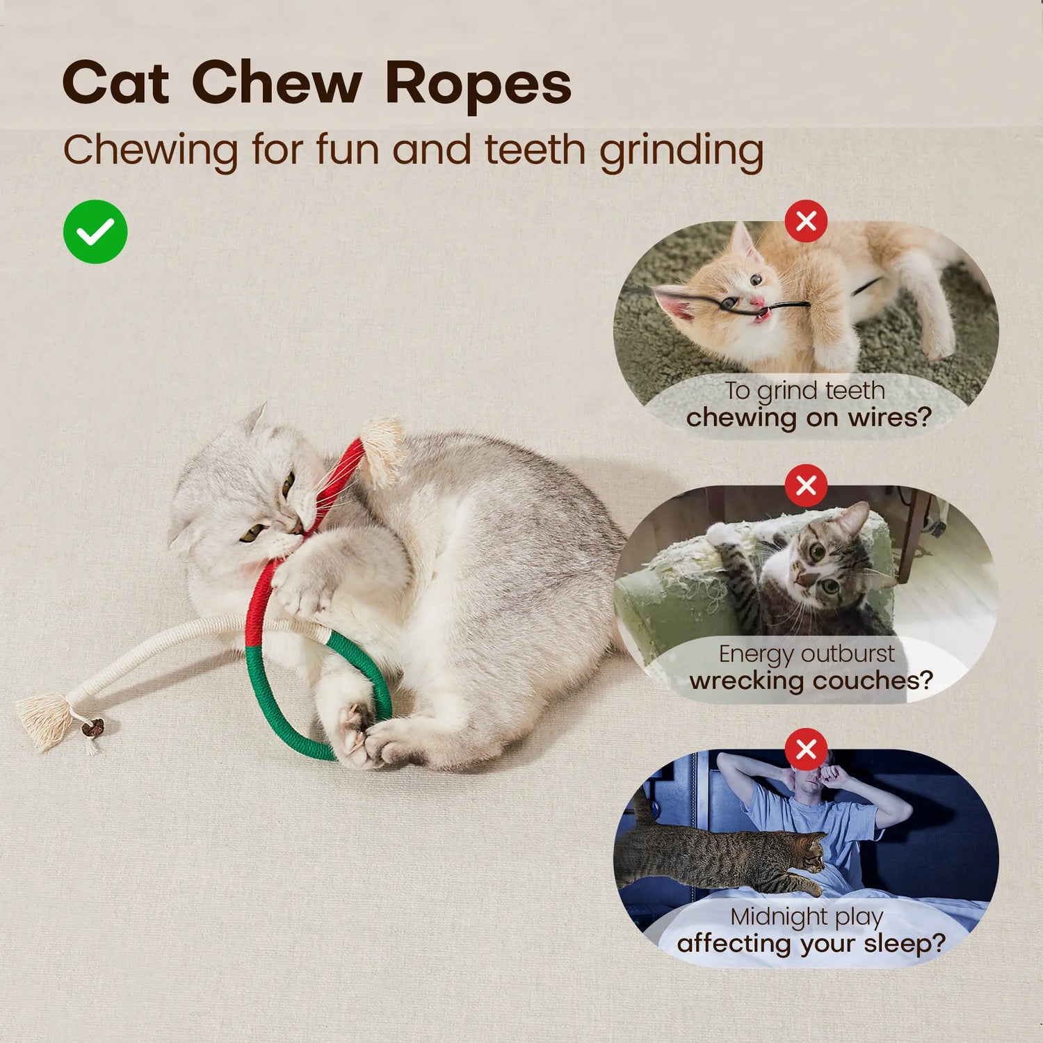 Potaroma 3-Pack Cat Chew Ropes - Safe Teeth Cleaning & Calming Interactive Toys for Indoor Kittens