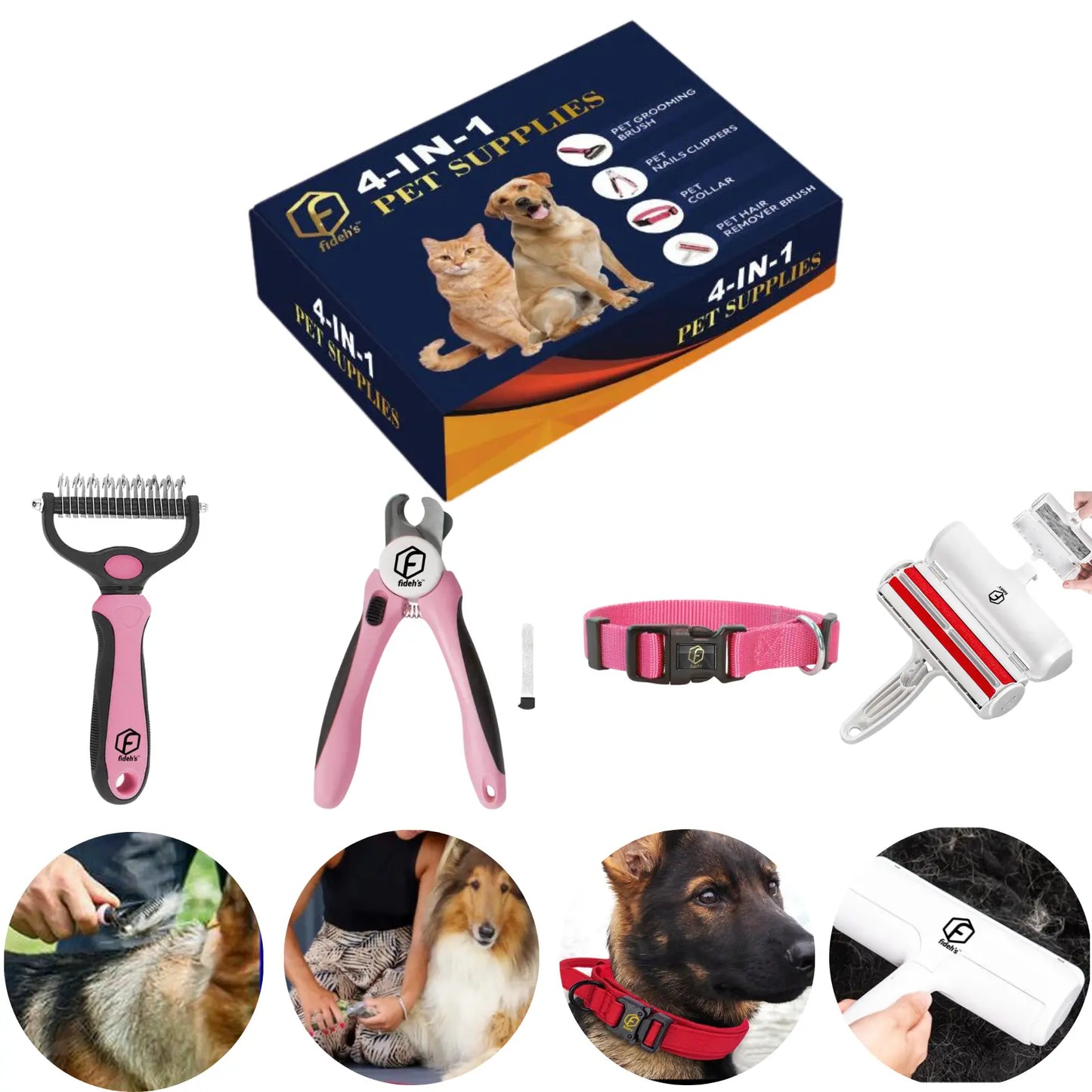 4-in-1 Pet Grooming Kit – Hair Remover, Shedding Brush, Nail Clippers & Dog Collar