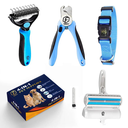 4-in-1 Pet Grooming Kit – Hair Remover, Shedding Brush, Nail Clippers & Dog Collar