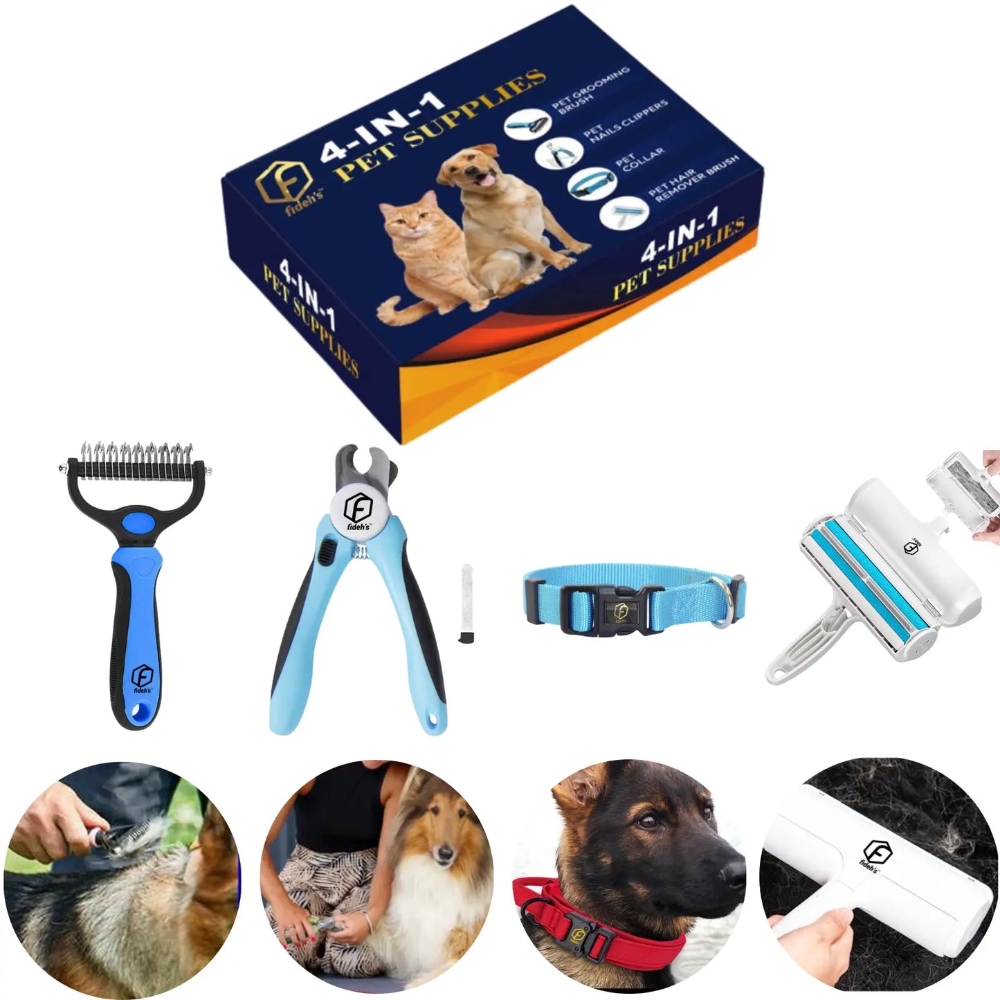 4-in-1 Pet Grooming Kit – Hair Remover, Shedding Brush, Nail Clippers & Dog Collar