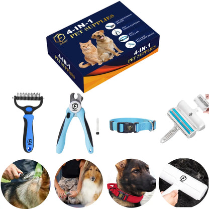 4-in-1 Pet Grooming Kit – Hair Remover, Shedding Brush, Nail Clippers & Dog Collar